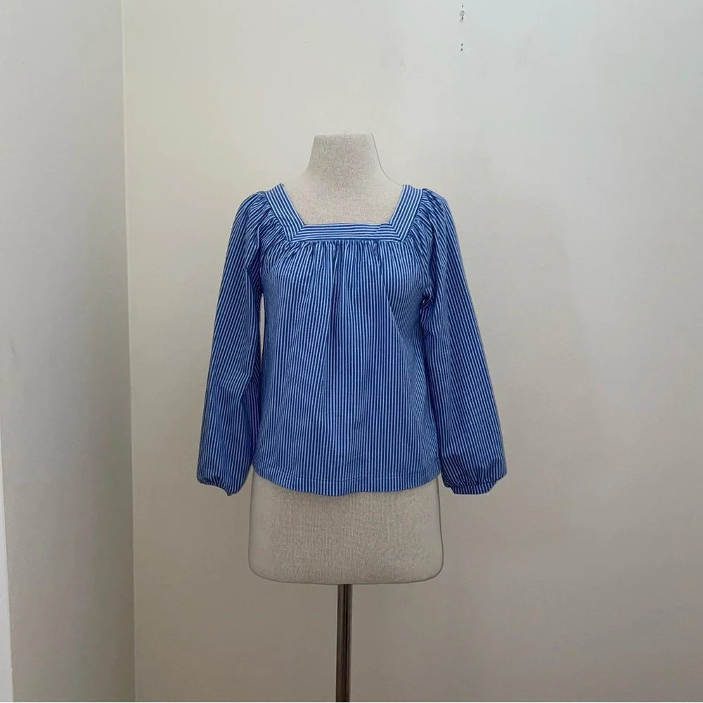 J. Crew Blue/White Striped Seersucker Square-Neck Top Size XS Coastal Beach Boho